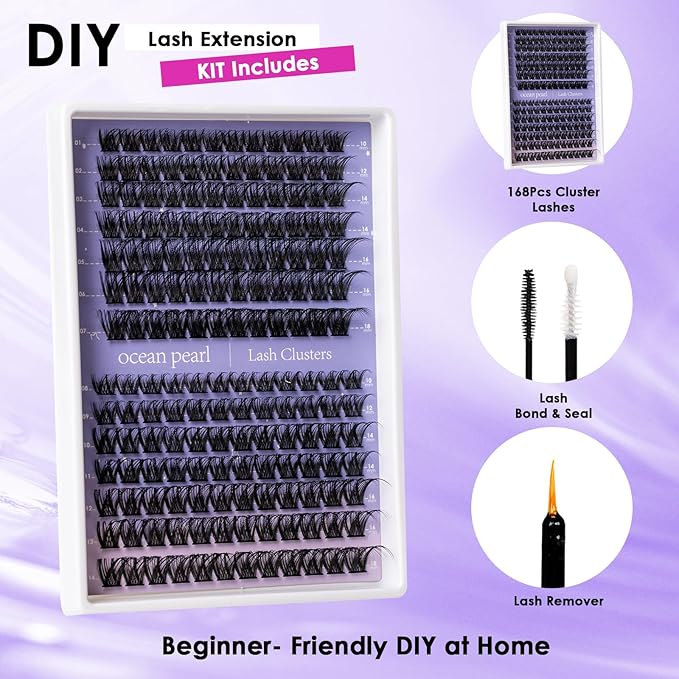 Ocean Pearl Lash Clusters Kit 168pcs 10-18mm manga/anime-inspired lashes clusters,spike-effect cluster lashes,Eyelashes,DIY Cluster Eyelash Extensions kit with lash bond+seal+remover+tweezers-DM01+M38