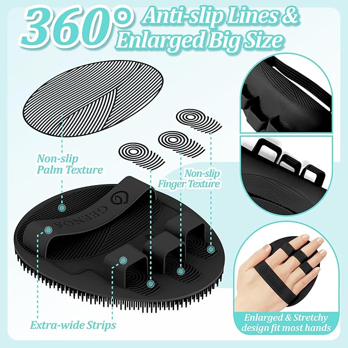 Silicone Back/Body/Face Scrubber & Soft Bath Glove Set 4PCS, Gentle Exfoliating Back & Body Scrubber with Dual-Side Brush Head, Hand-fit Bath Glove & Face Scrubber for Deep Cleaning(Black-4PC)