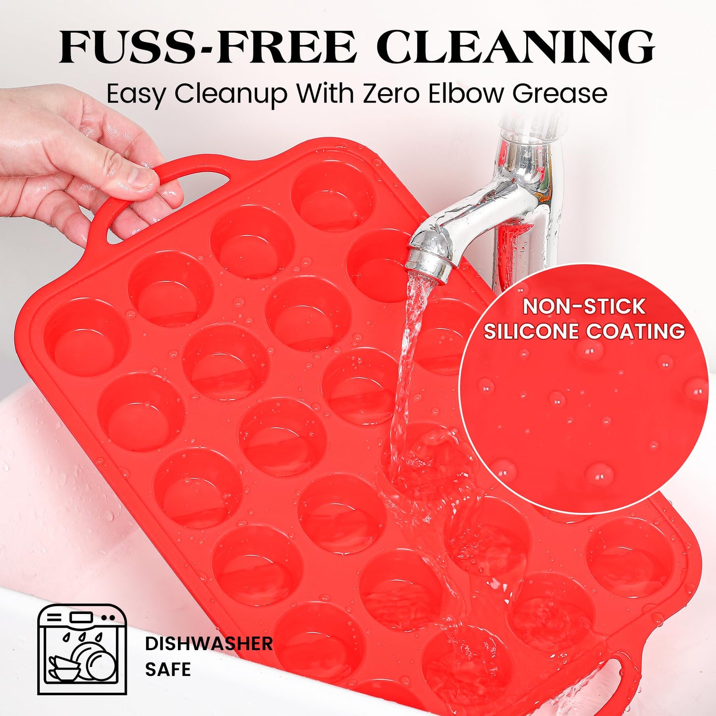 AOTASO Silicone Mini Muffin Pan With Stainless Steel Reinforced Frame 24 Cups Nonstick Cupcake Molds for Baking Silicone Muffin Tray with Handles(2 Pcs, Red)