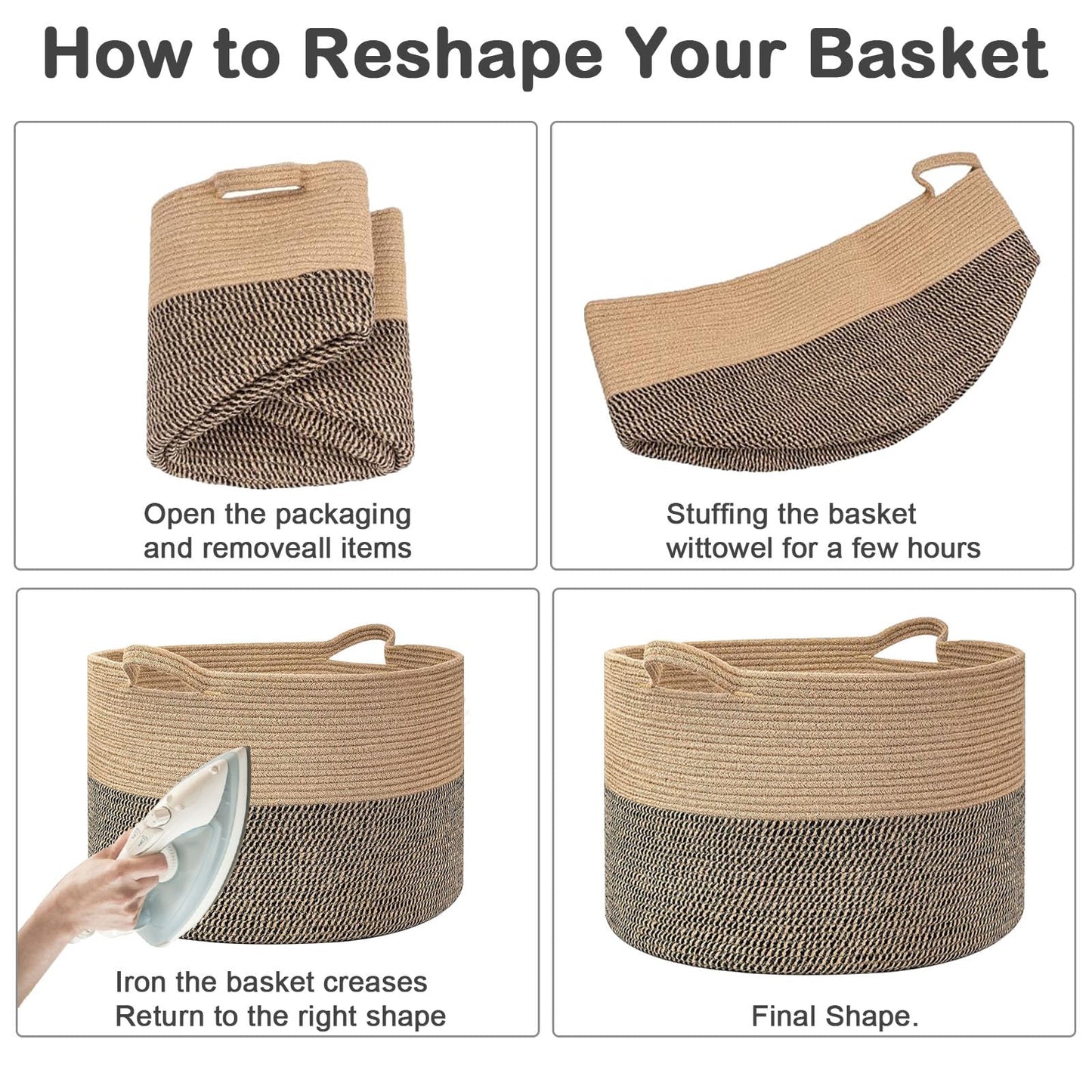 HZFTJOY 65L Large Woven Cotton Rope Blanket Basket with Handles, Laundry Hamper Storage Bin for Pillows, Clothes, Bedroom and Living Room Organization, White & Brown