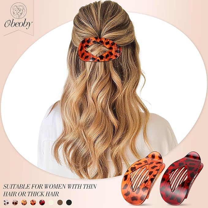 Obeoby 8 Pcs Flat Claw Clips for Women, Strong Hold French Flat Hair Clips for Thick Thin Hair Barrettes Accessories Round Large Medium (Tortoiseshell)