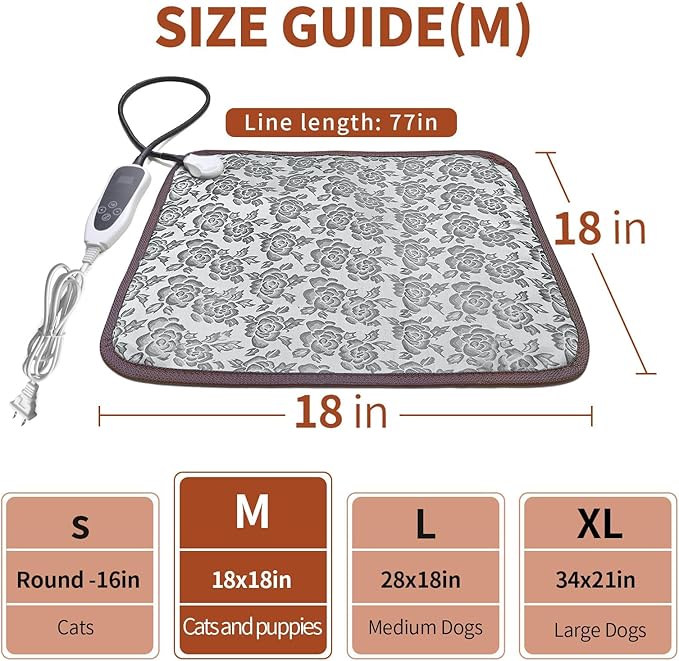 Cat Heating Pad 18x18 in with Smart Thermostat Switch and Power Line Protection Tube,Obtained MET and UL Dual Certification,Waterproof Pet Heating Pad for Cats-Rose