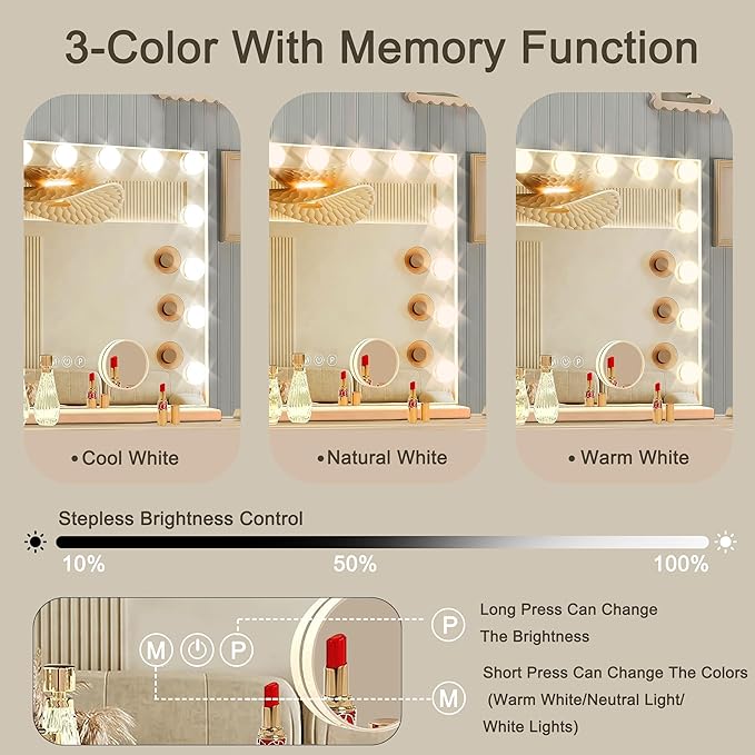 Hollywood Vanity Mirror with Lights, 15 Dimmable Bulbs, 3 Color Lights, Make Up Lighted Mirror, USB Charging Port, Valentines Day Gifts for Her, Gifts for Women Wife Teengirls（23" x 18"）