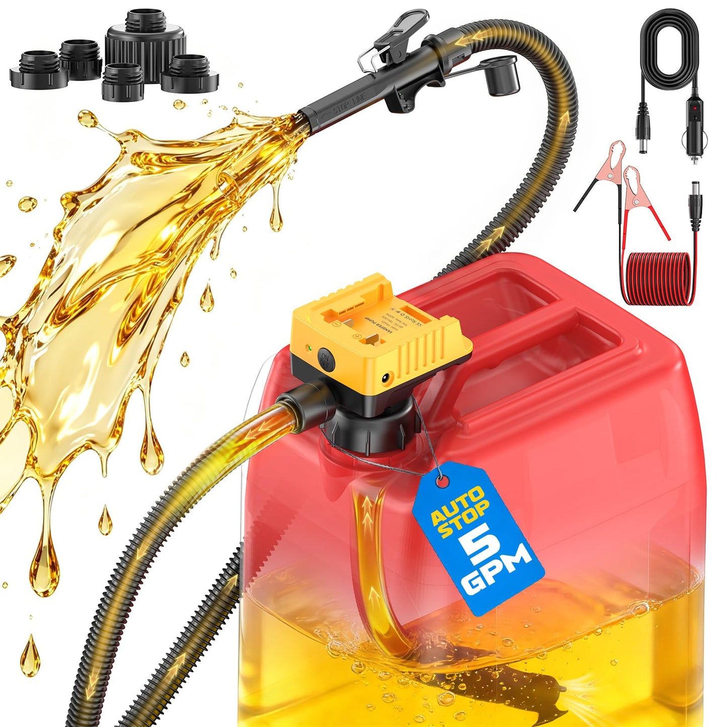 DIYtoolifz 5 GPM Cordless Fuel Transfer Pump with Auto Shut-Off & Beep Alert, Compatible with DeWalt 20V & Milwaukee 18V Batteries, Gas Can Pump for Gasoline/Diesel, 51" Hose & 5 Adapters (Bare Tool)