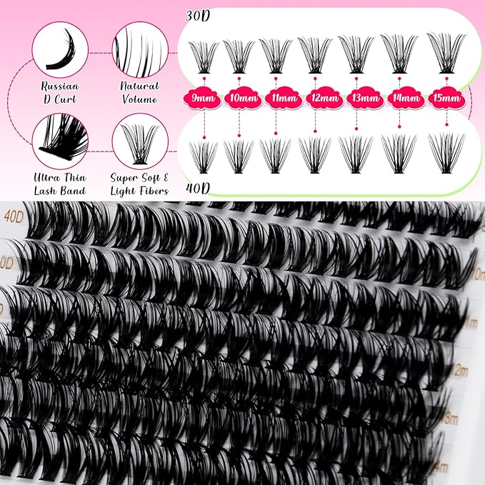 RITALASH Lash Extension Kit 30D+40D DIY Lash Clusters 280pcs Cluster Lashes Individual Lashes Eyelash Extension Kit with Lash Bond and Seal,Lash Tweezers(30D+40D Kit,9-15mm Mixed)