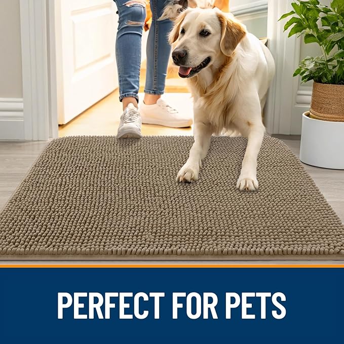 OLANLY Dog Door Mat for Muddy Paws 40x24, Absorbs Moisture and Dirt, Absorbent Non-Slip Washable Doormat, Quick Dry Chenille Mud Mat for Dogs, Entry Indoor Entryway Carpet for Inside Floor, Tan