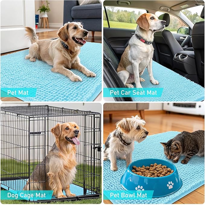 OLANLY Dog Door Mat for Muddy Paws 59x32, Absorbs Moisture and Dirt, Absorbent Non-Slip Washable Doormat, Quick Dry Chenille Mud Mat for Dogs, Entry Indoor Entryway Carpet for Inside Floor, Blue