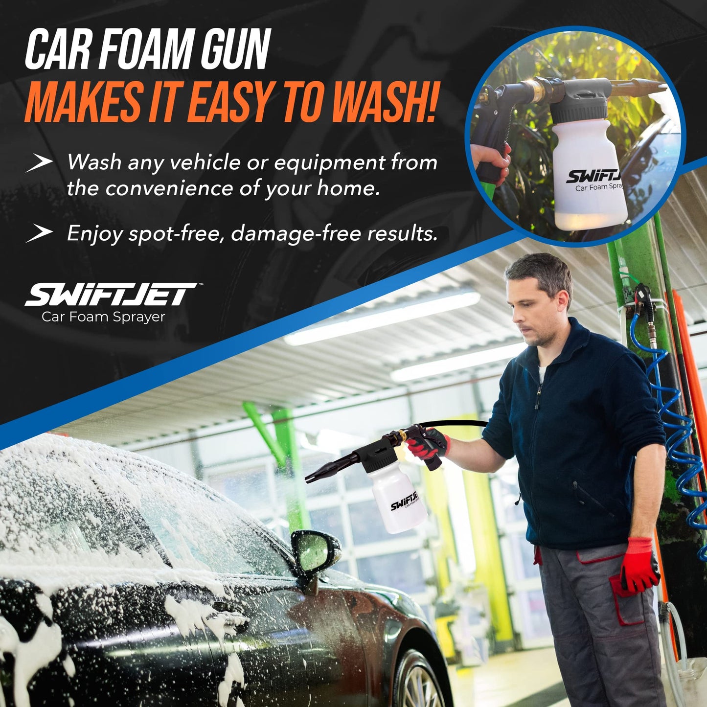 SwiftJet Car Wash Foam Gun + Microfiber Wash Mitt - Works with Any Soap - Garden Hose Car Foam Sprayer - Foam Cannon Car Wash Kit - Car Accessories Foam Blaster (Black Foam Gun with Mitt)