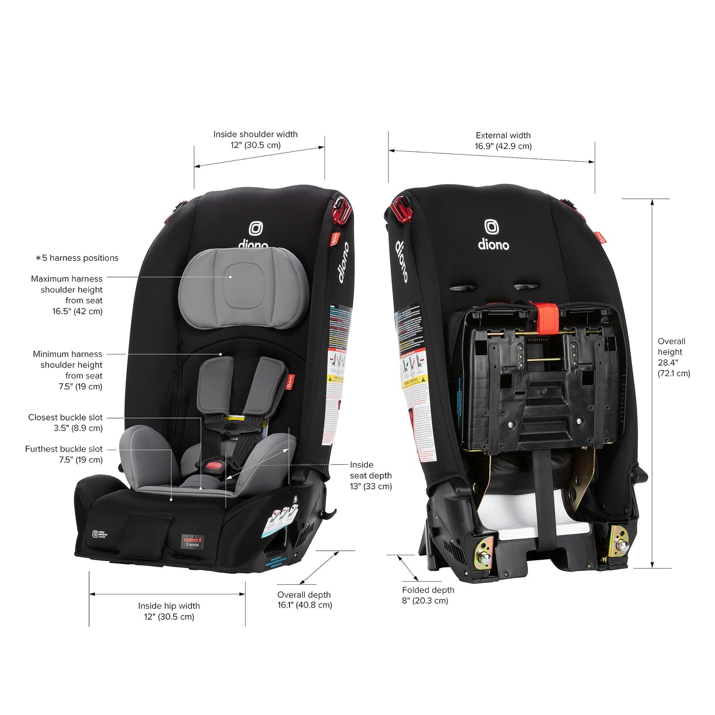 Diono Radian 3R, All-in-One Convertible Car Seat, Rear and Forward Facing, 10 Years 1 Car Seat, Slim Fit 3 Across, Black Storm