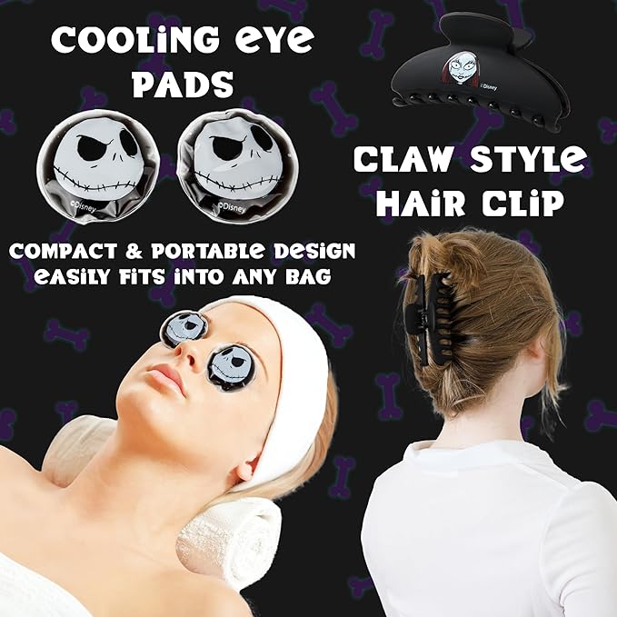 Disney The Nightmare Before Christmas Beauty Accessories Set for Women, Teens with Eye Mask Eye Pads Headband Claw Clip Pampering Gifts for Women, Wife, Girlfriend (Black)