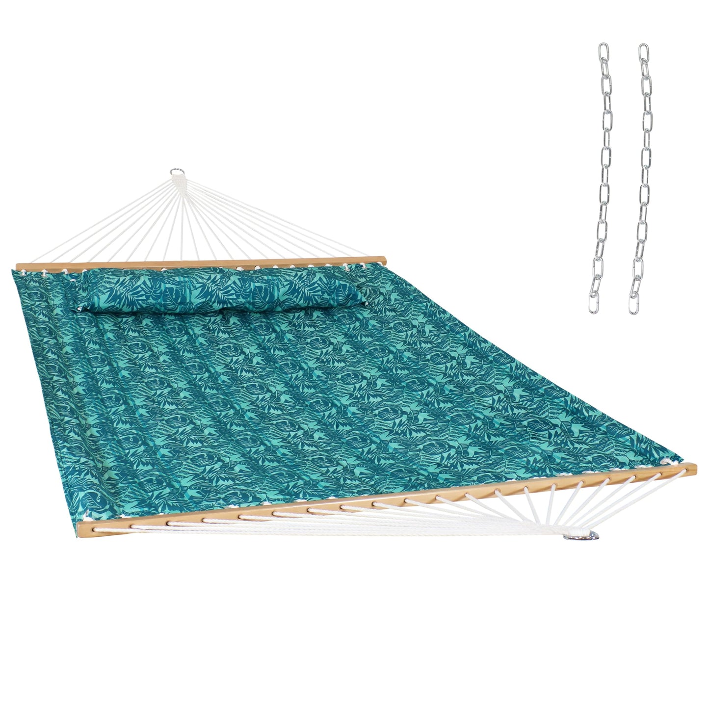 Sunnydaze Quilted Double Hammock for Outside with Spreader Bars and Pillow - 450 lb Capacity, 74x55 Inch Bed, UV Resistant, Quick Dry - Chains Included, Stand Sold Separately - Cool Blue Tropics