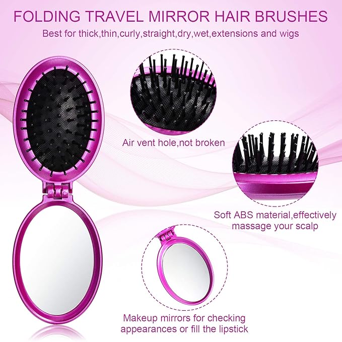 Boao 2 Pack Foldable Travel Mirror Hair Brushes Portable Folding Pocket Hair Brush Mini Comb Compact Travel Size Massage Comb for Men Women(Blue, Purple,Round)