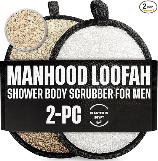 Natural Loofah Shower Body Scrubber for Men, Egyptian Luffa Sponge Exfoliating Loofah, Body Sponges for Shower, Mens Hygiene Essentials, Bath Loofahs Body Scrubber Shower Tool - 2PCS Black & White Set