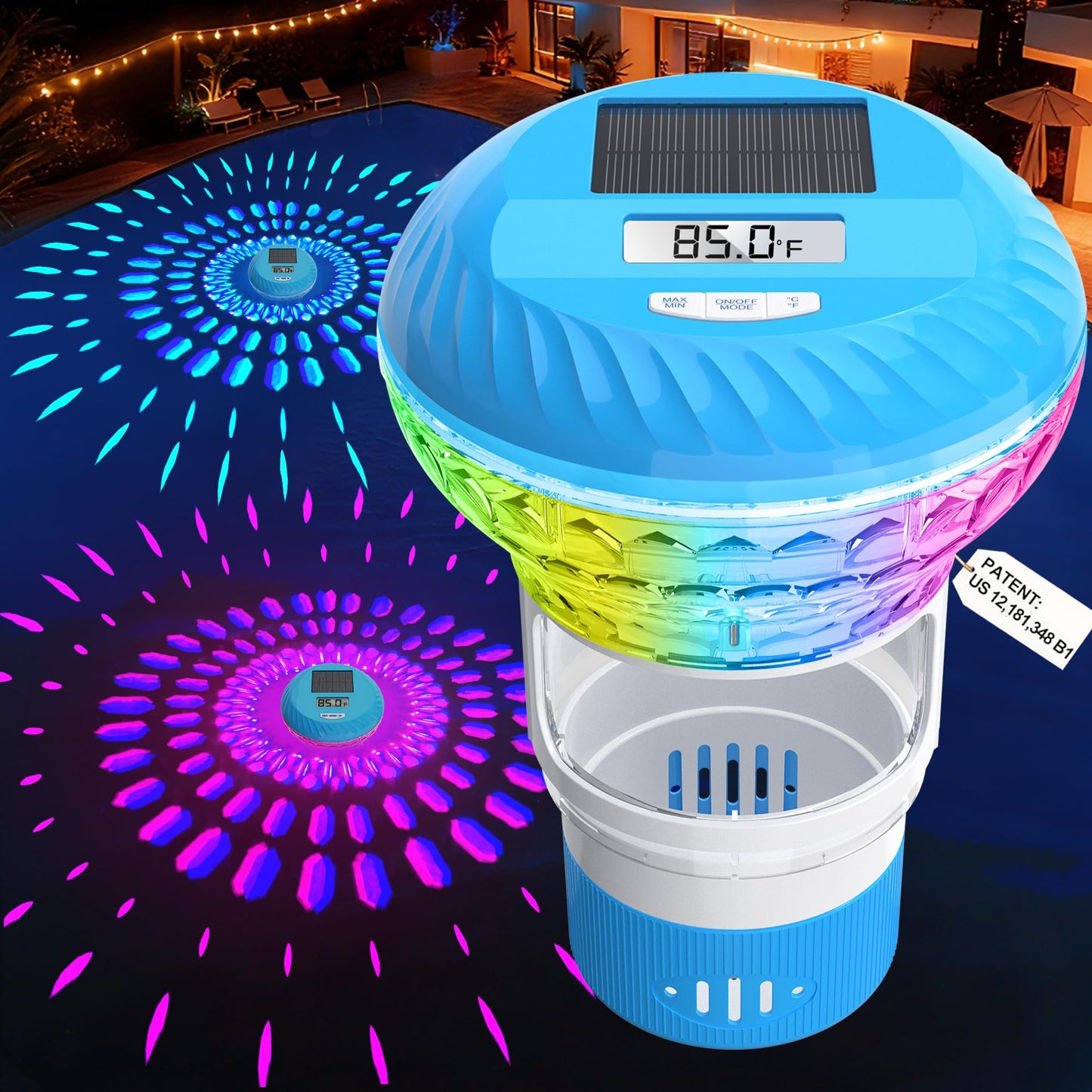 AquClor 2026 Upgraded Pool Chlorine Floater with Thermometer,Digital Screen Solar Chlorines Floaters w/Light,Chlorine Floater w/Adjustable Release,Floating chlorines Dispenser for Pool,Hot Tub,Blue