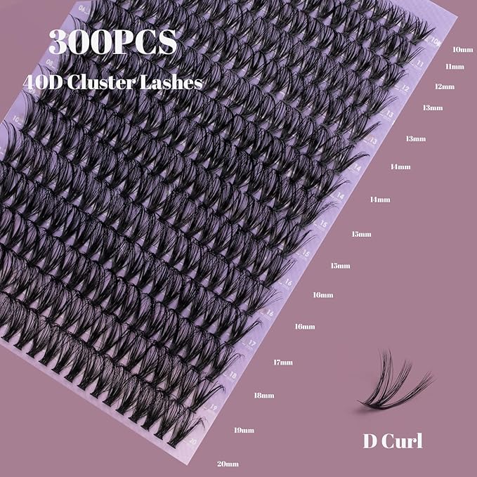 Ocean Pearl Lash Clusters 300pcs Individual Lashes 40D 10-20mm Eyelash Extensions Kit Natural Lashes Soft Eyelash Clusters False Eyelashes DIY Lash Extension Kit with Bond + Seal and Remover-40D