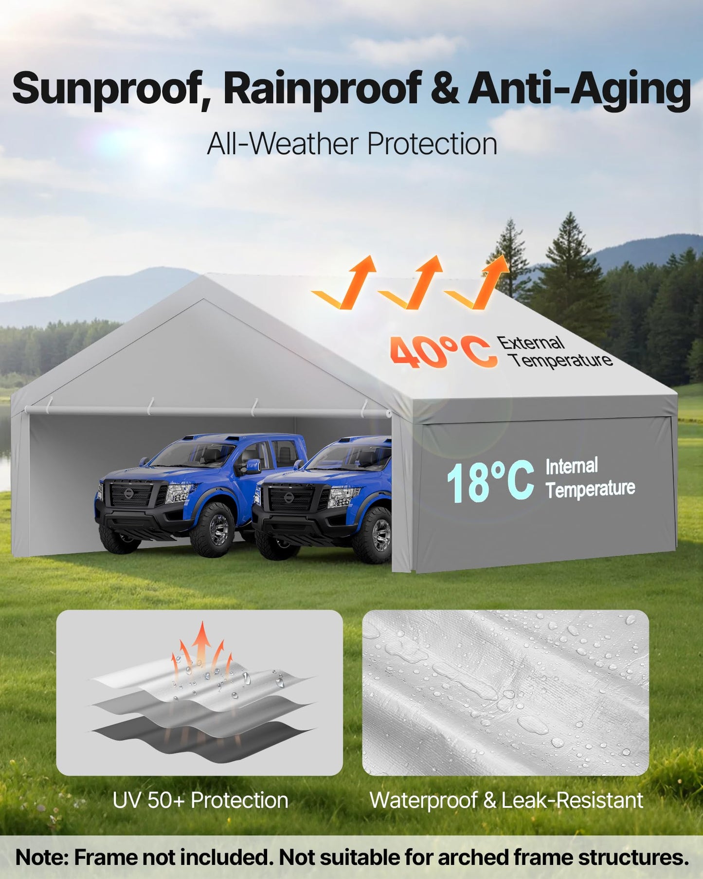 VEVOR Carport Replacement Canopy Cover, 20 x 20 ft Potable Garage Tent Top Tarp with Sidewalls, UV-Resistant & Waterproof, Heavy Duty Car Shelter Tarp with Ball Buggees, Grey, Frame Not Included