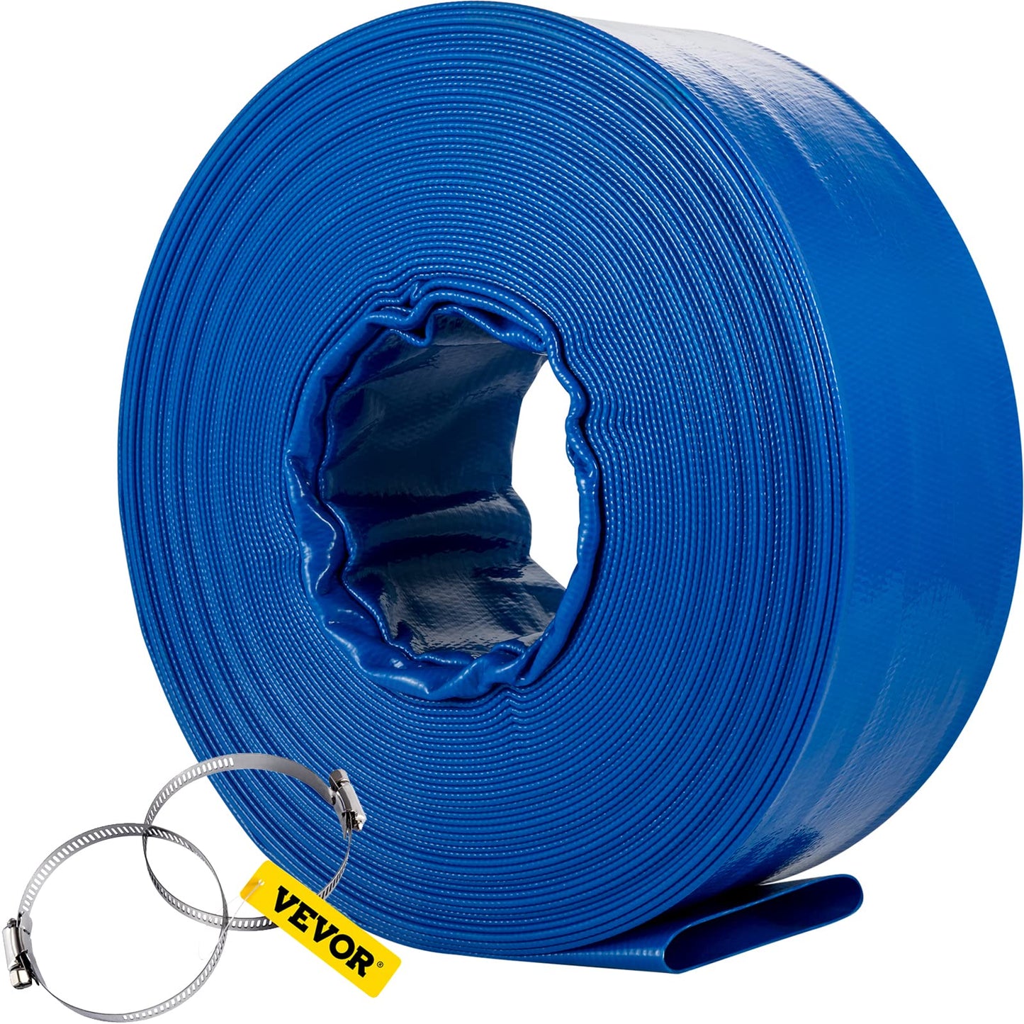 VEVOR Discharge Hose, 3' x 105', PVC Lay Flat Hose, Heavy Duty Backwash Drain Hose with Clamps, Weather-proof & Burst-proof, Ideal for Swimming Pool & Water Transfer, Blue