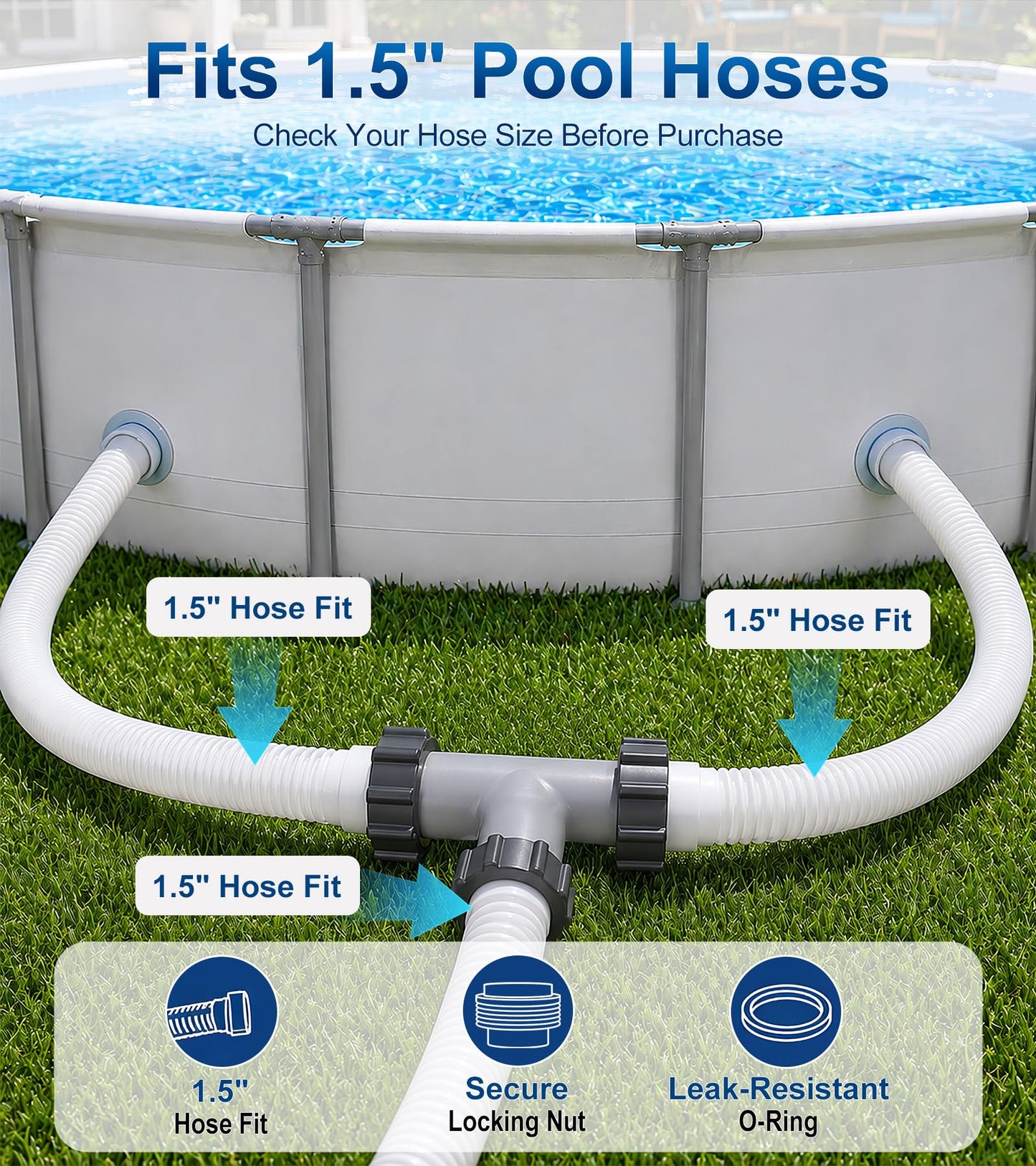 Pool Hose Connector for Leak-Proof Dual Seal and Stable Water Flow, 1.5" to 1.5" T-Joint Pool Hose Adapter for Pool Parts and Accessories Replacement, Easy No-Tool Install for Above Ground Pools