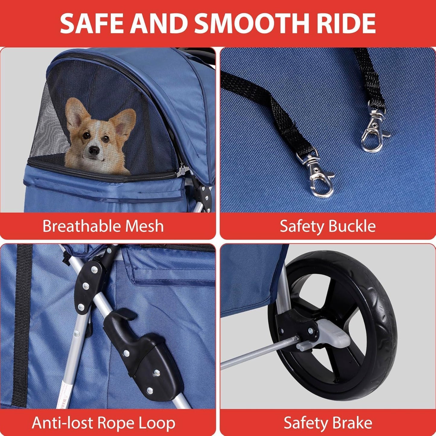LEMY Pet Stroller,4 Wheels Dog Cat Stroller with Storage Basket&Cup Holder,Folding Dog Cat Cage Jogger Strollers for Small Medium Dogs Cats Travel,Navy Blue