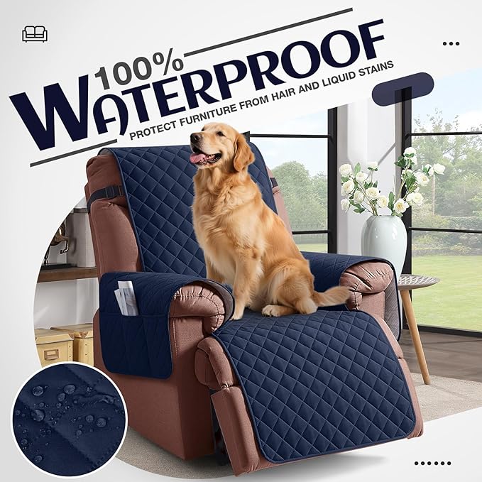 KinCam 100% Waterproof Recliner Chair Cover, Reclining Couch Covers for Pets, Dogs, Recliner Couch Slipcover Furniture Protector with Elastic Straps for Kids(30", Dark Blue)