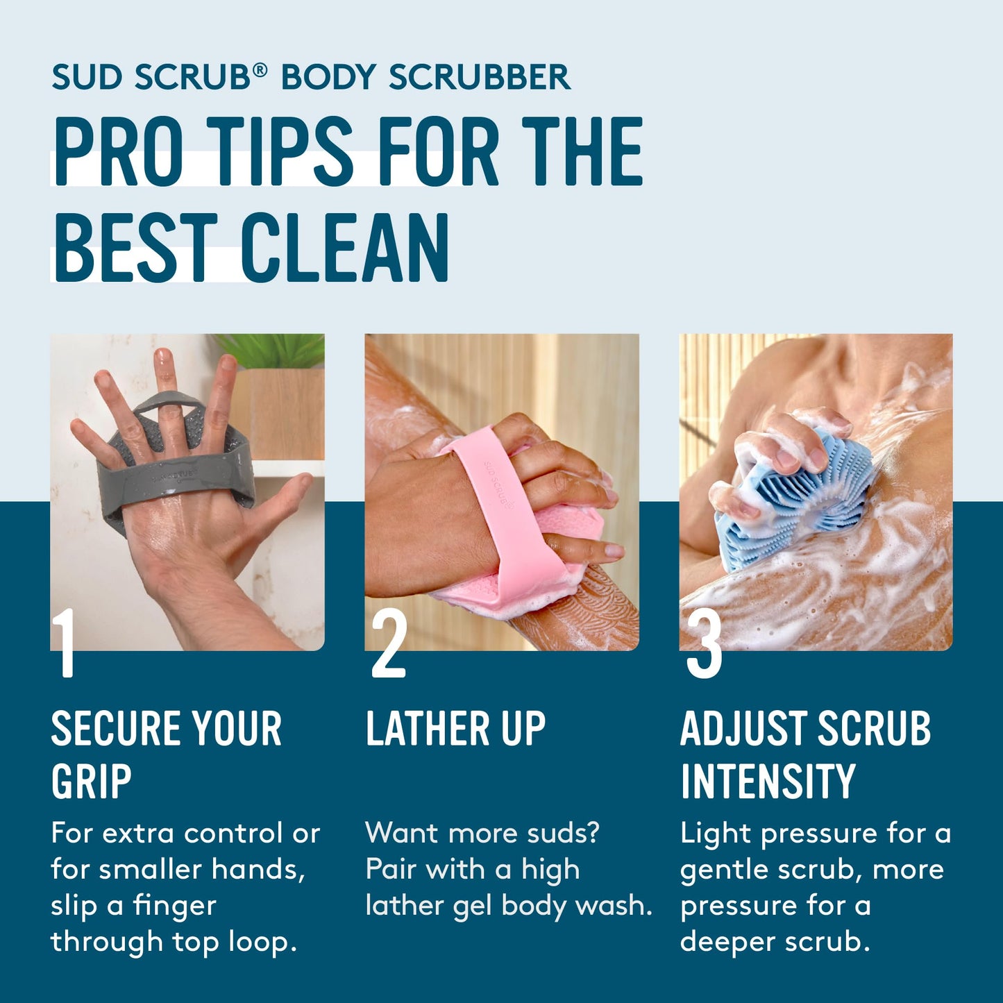 Sud Scrub® Antimicrobial Silicone Body Scrubber, Exfoliating Body Brush for Sensitive Skin, Antibacterial Shower Scrubber for Body, Bathroom Essentials for Men & Women, Blue