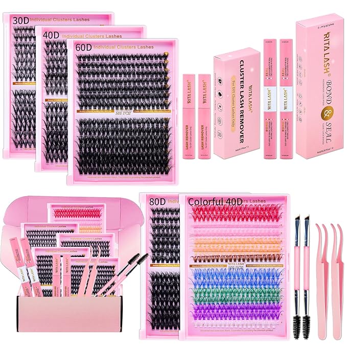 Lash Clusters Kit Eyelash Clusters Kit 4 Boxes+1 Colorful Cluster Eyelash Extensions PestaÃÂ±as Postizas Naturales with Lash Bond and Seal*2,Remover*2,Tweezers*2,Mascara Brush*2(13 Counts Lash Kit-4)