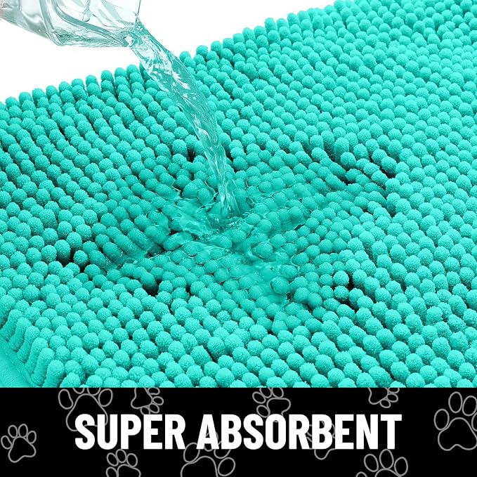 Smiry Dog Door Mat for Muddy Paws, Absorbent Dirt Trapper Non Slip Quick Dry Washable Chenille Mat for Mud Dogs, Entry Rug for Indoor and Outdoor (36x24 Inches, Turquoise and White)