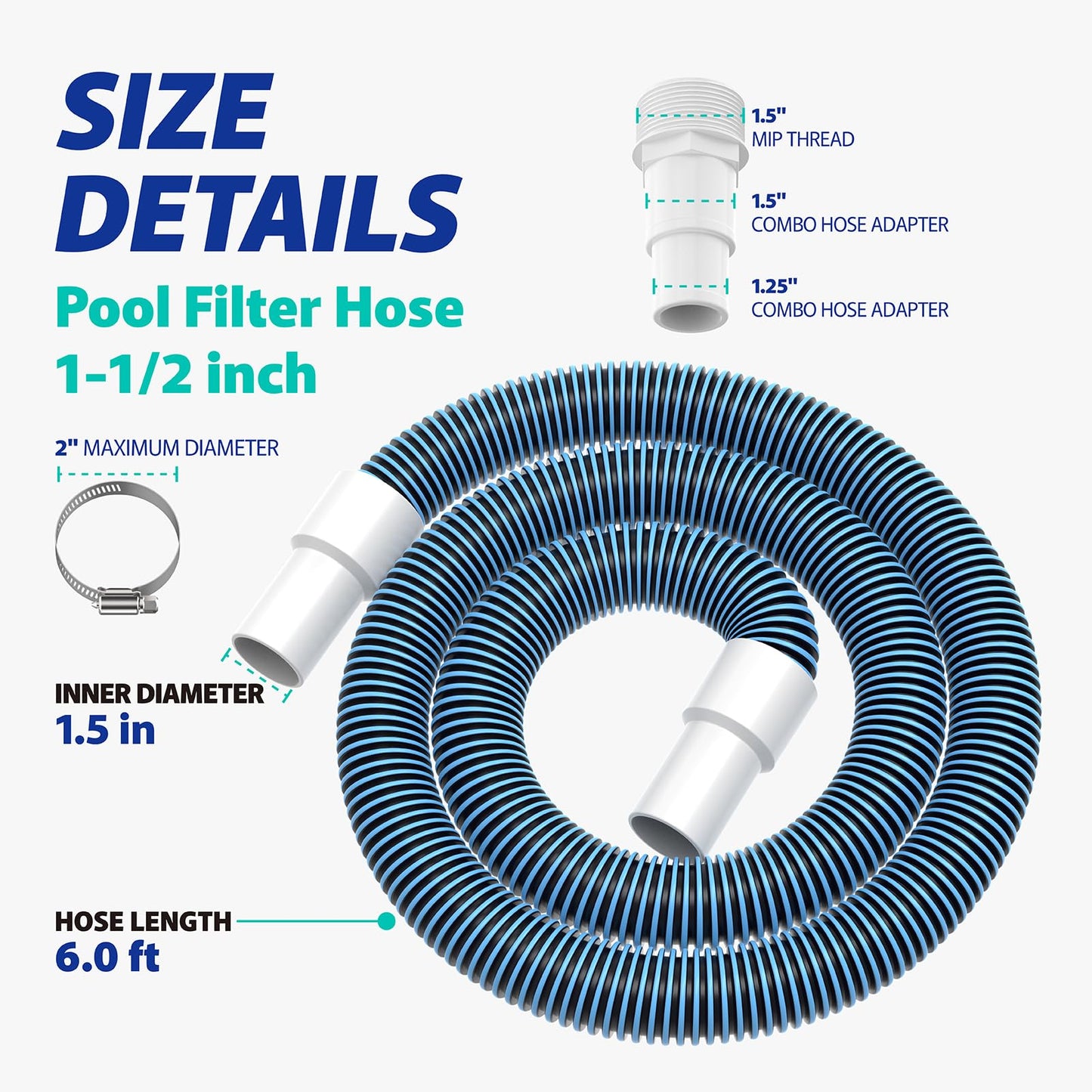 1.5" 6ft Heavy Duty Above Ground Pool Hose Replacement Kit Compatible with Intex Pool Filter Pumps, Includes 2 Durable 6 Foot Hoses, 2 Connection Adapters, 4 Clamps, 2 Tapes