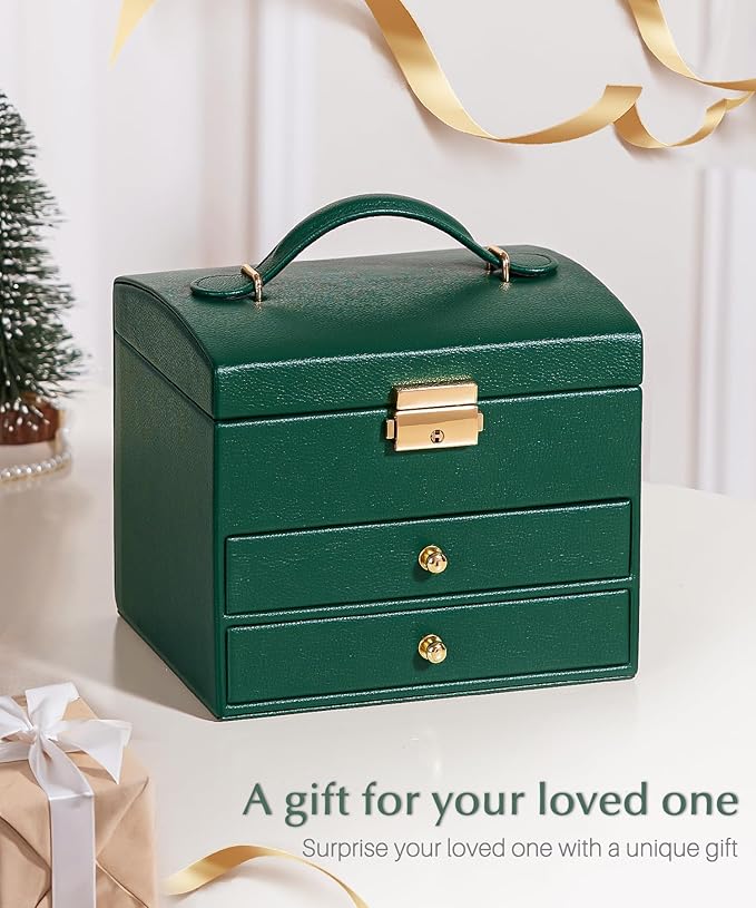 Homde Girls Jewelry Box with Lock: 3 Layer Organizer with Removable Tray - Storage for Ring Necklace Earring - Birthday & Return Gifts for Young Women (Midnight Green)