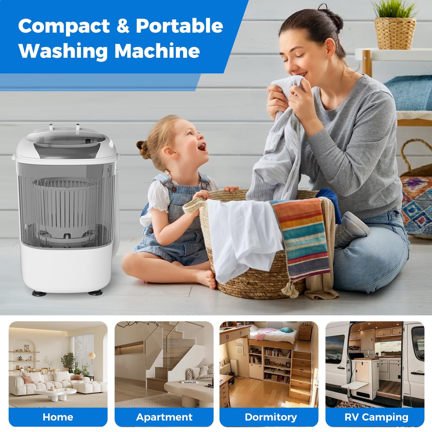 COSTWAY Mini Portable Washing Machine, 5.5 lbs Capacity, Compact Laundry Washer with Spin Tub & Drain Hose, Perfect for Apartment Dorms RV Home (Grey)