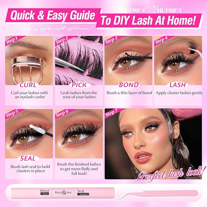 Fluffier Lashes Clusters Kit Wispy Individual Lashes 100D Volume Cluster Eyelash Extensions Kit 10-16mm D Curly Lash Extension Kit with Bond and Seal and Lash Tweezers DIY Eyelash Kit by Yawamica