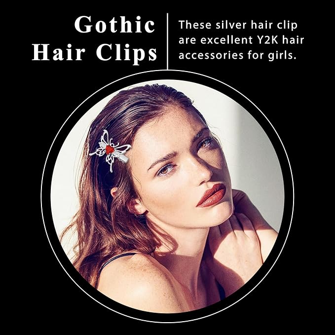 10PCS Red Hair Clips Small Dangle Silver Hair Clips Metal 9 Shapes Goth Cross Clip Snap Punk Y2K Hair Accessories for Women Girls