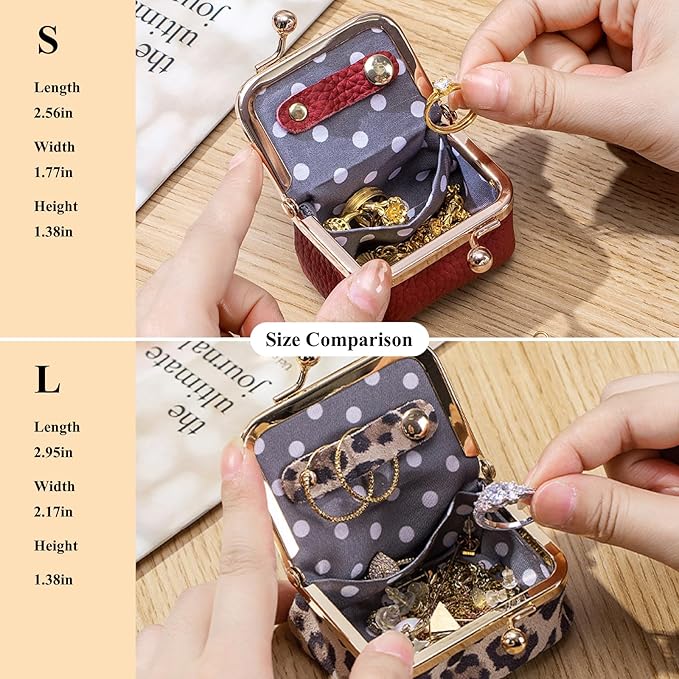 Genuine Leather Mini Jewelry Box, Small Portable Jewelry Organizer Box，Vintage-Inspired Travel Jewelry Case Organizer Kiss Lock for Women for Earring/Ring/Necklace/Bracelet (Golden S 2.56in)