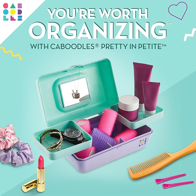 Caboodles Pretty in Petite Makeup Box, Two-Tone Seafoam on Lavender, Hard Plastic Organizer Box, 2 Swivel Trays, Fashion Mirror, Secure Latch for Safe Travel