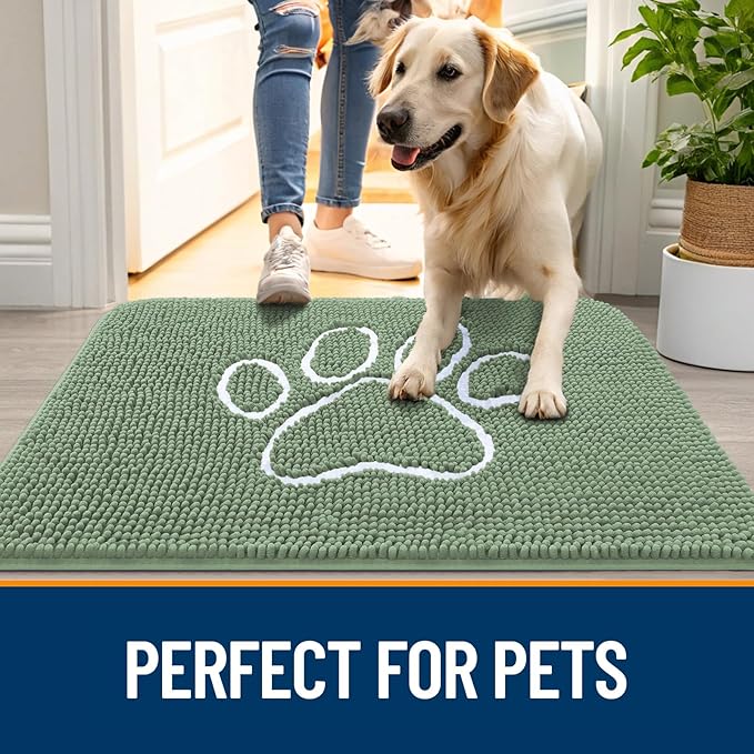 OLANLY Dog Door Mat for Muddy Paws 48x30, Paw Print Design, Absorbs Moisture and Dirt, Non-Slip Washable Doormat, Quick Dry Chenille Mud Mat, Entry Indoor Entryway Carpet, Olive Green and White