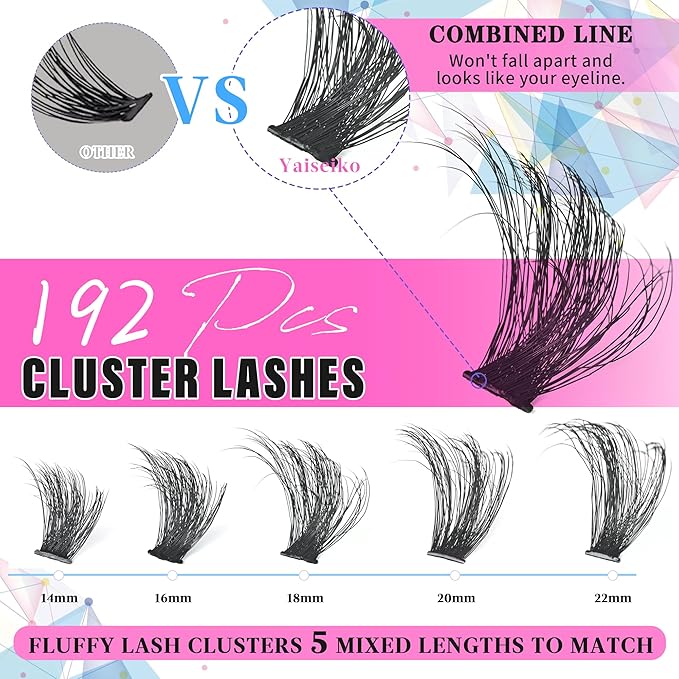 Eyelash Clusters 14-22mm Thick Volume Lash Clusters Eyelash Extensions 200D Individual Lashes Clusters 192pcs DIY D Curl Wispy Plant Fibers Lashes Clusters, by Yaiseiko
