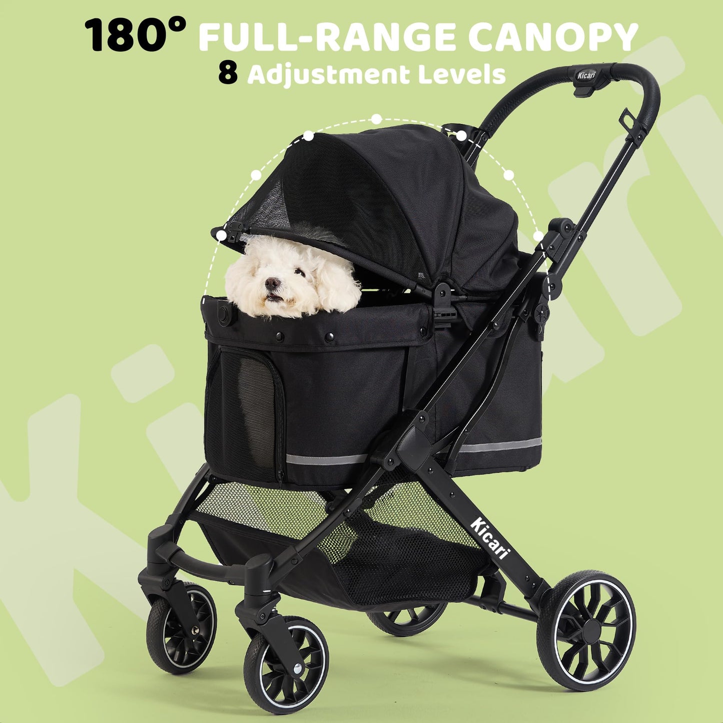 Kicari All-Terrain Dog Stroller for Small to Medium Dogs, Pet Stroller for Dogs & Cats Outdoor Walks, One-Hand Easy Fold, Double-Layer Anti-UV & Waterproof Canopy & Breathable Mesh, Samurai Black