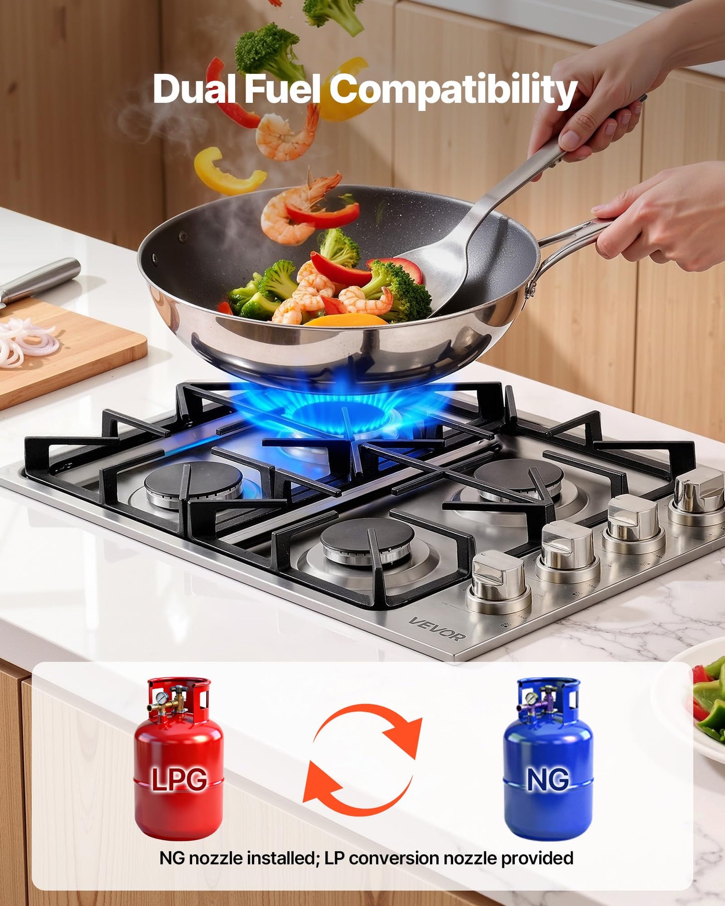 VEVOR Gas Cooktop, 30 inch 4 Burners Gas Stove Top, Max 48000BTU Built-in Stainless Steel Stove Top LPG/NG Convertible Dual Fuel Cooktop Stoves with Sealed Burner for Sear, Stew, Boil, Stir-Fry