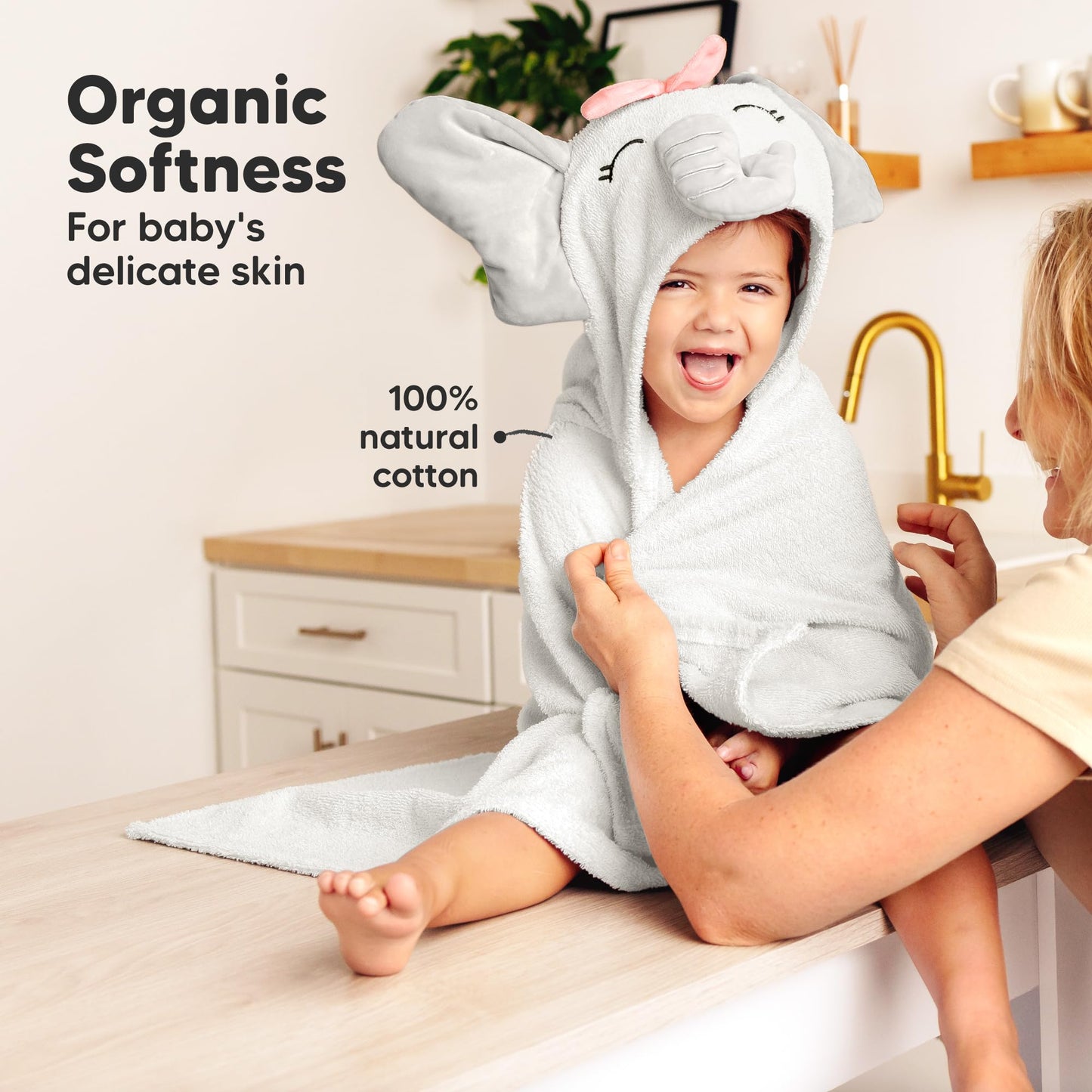KeaBabies Organic Baby Towel with Hood for Girls, Boys - Soft, Absorbent, 100% Cotton Hooded Baby Towels for Newborns, Infants, Large Hooded Bath Towels for Babies, Kids, Toddler 1-3 (Ella)