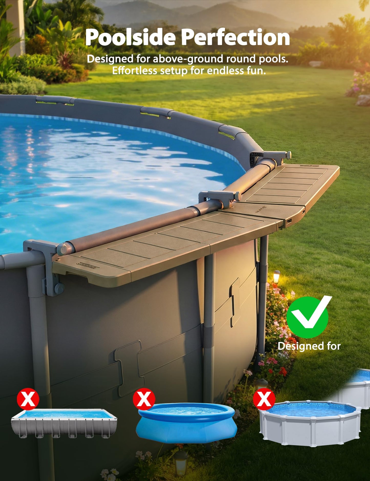 POOLHACKER Poolside Bar Extended for Above-Ground Round Pools, Original Swim-Up Bar Table, Foldable Patio Poolside Table, Weather-Resistant Stable Tabletop, Easy Maintenance, Brown