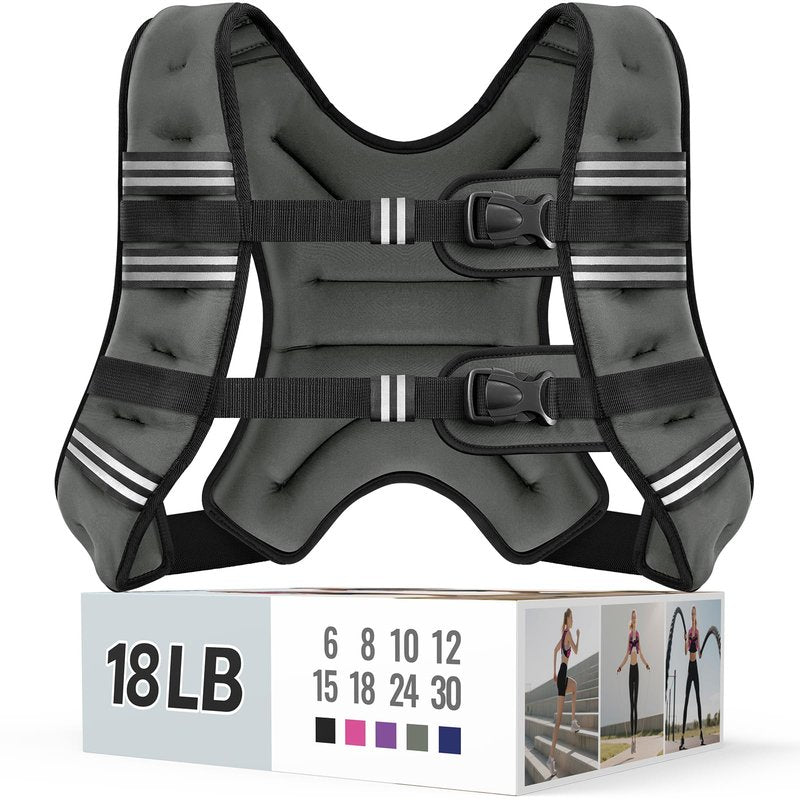 Zeerun Weighted Vest, 6lb/8lb/10lb/12lb/15lb/18lb/20lb/24lb/30lb for Men Women, Reflective Stripe Adjustable Buckle, Comfortable Durable Rucking Vest for Walking Running Strength Training, 18LBS-Gray