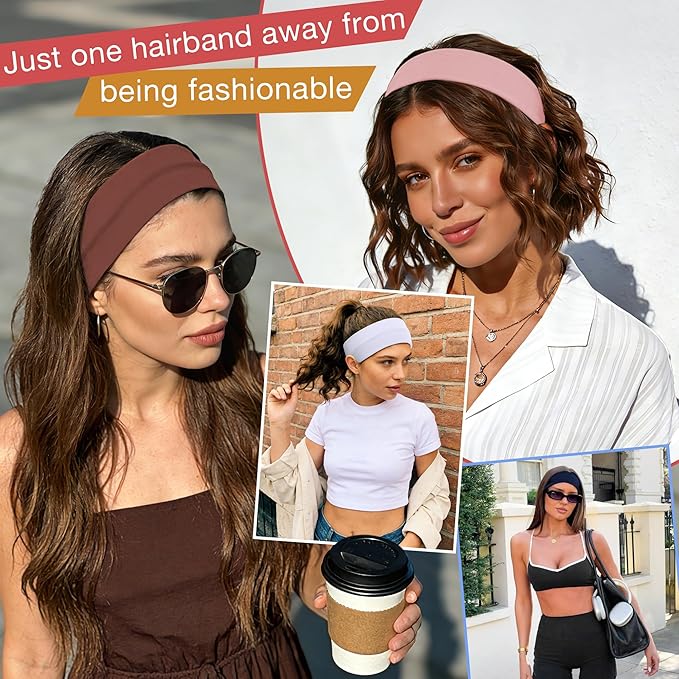 Ztomine 8 Pack Headbands for Women Non Slip - Stylish Sports Hair Bands for Women's Hair - Soft Cotton Cloth Stretchy Headbands for Women for Yoga, Outdoor Exercise Running