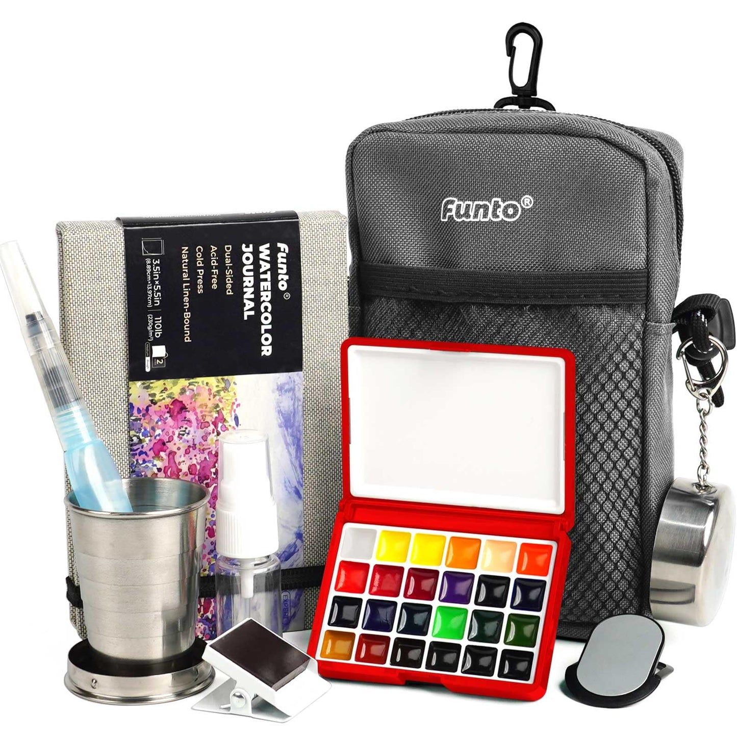 Funto Mini Watercolor Paint Set, All-in-One 24-Color Travel Paint Kit, with Crossbody Bag, Watercolor Journal, Paint Water Cup, Pocket Set for Artists
