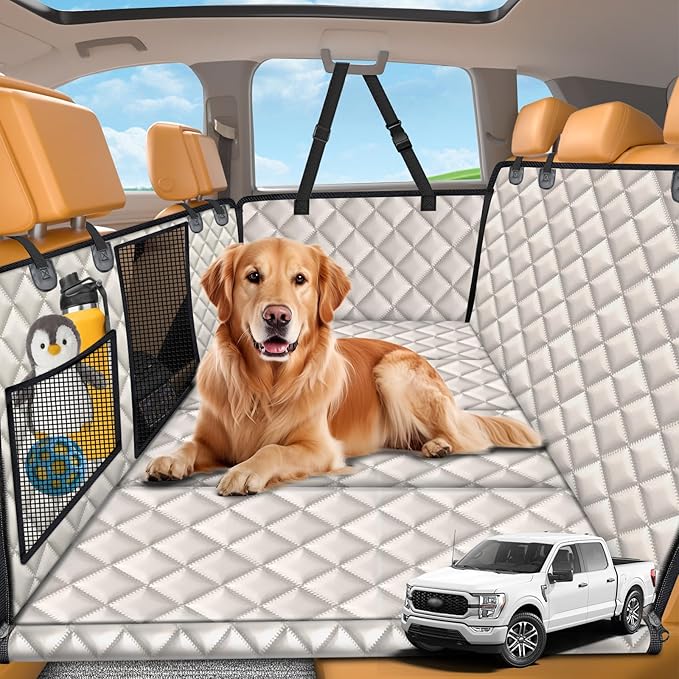 URPOWER XL Dog Backseat Extender for Full-Size Crew Cab Truck, Hard Bottom Dog Car Seat Cover for Back Seat Holds 400lbs, Waterproof Dog Hammock Pet Rear Seat Protector Travel Bed for F150 / Silverado