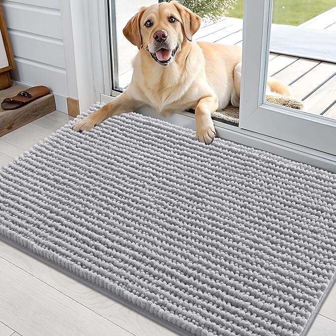 OLANLY Dog Door Mat for Muddy Paws 36x24, Ultra Absorbent Chenille Mud Doormat, Non-Slip Washable and Dirt Trapping Doormat for Indoor Entryway, Quick-Dry Indoor Pet Bed Mats for Dogs, Light Grey