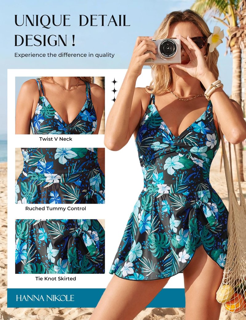 Hanna Nikole Tummy Control Swimwear One Piece Slimming Vintage Swimsuit Womens Ruched Push Up Bathing Suit Black Blue Floral XL