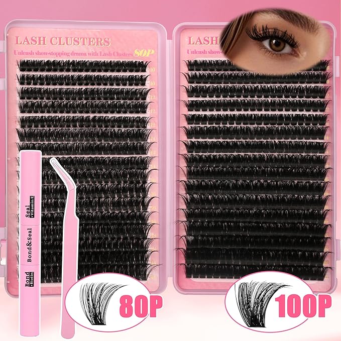 Lash Extension Kit Lash Clusters Kit 640Pcs Volume Eyelash Clusters C Curl Lashes Clusters DIY Cluster Eyelash Extensions With Lash Bond and Seal Lash Tweezers