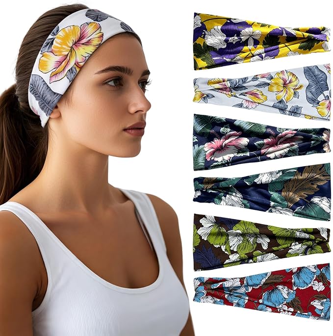 Headbands for Women - 6 Pack Wide Elastic Hair Bands | Stretchy Sweatbands Hair Bands | Soft Sports Thin Head Bands | Non-Slip Accessories Bands for Fashion, Washing Face, Workouts, Yoga, Daily Use