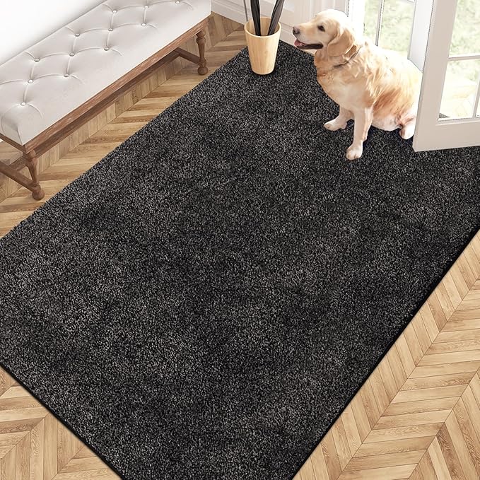 PURRUGS Easy Care Area Rug 4ft x 6ft, Non-Slip Machine Washable Entryway Rug, Dog Door Mat, Stain Resistant Accent Rug for Hallway, Living Room, Bedroom and Mudroom, Charcoal