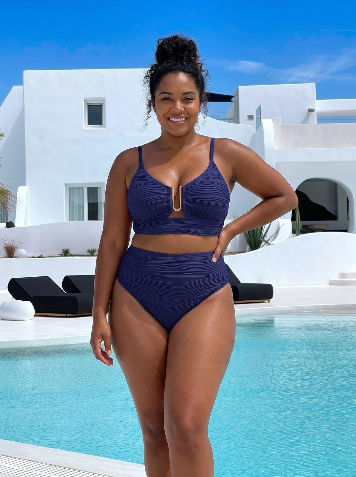 Herseas Women's 2 Piece Bikini Set U-Wire Cutout Swim Suits High Waisted Textured Ruched 2026 Summer Beautiful Bathing Suits Beach Fashion Vacation Clothes Navy Blue XX-Large